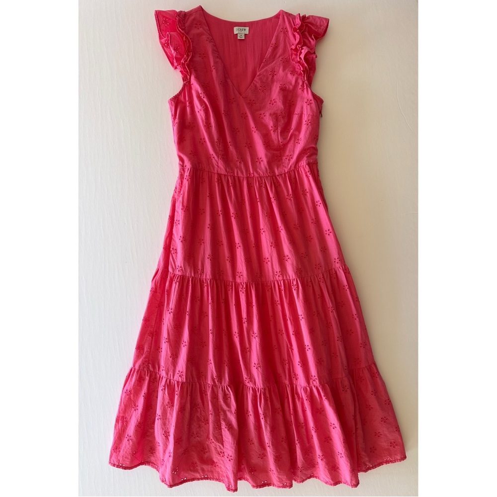 Bright Pink Eyelet Tiered Midi Dress